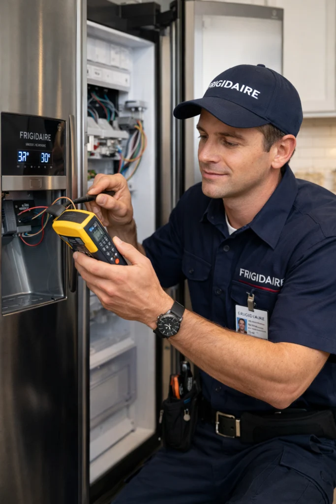 Ingeniero experto reparando refrigeradora Frigidaire Inverter en San José Costa Rica con repuestos originales